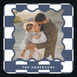 Modern wavy edge check minimal photo Christmas Square Sticker<br><div class="desc">Modern minimal graphic check pattern navy blue wavy edge photo Christmas holiday party favour sticker. Bold on trend design. Part of a holiday collection.</div>