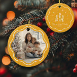 Modern Wavy Frame Family Photo Retro Yellow Ceramic Tree Decoration<br><div class="desc">Add charm to your tree with our Modern Wavy Frame Family Photo ornament! Cute retro yellow Christmas tree design & custom text!</div>