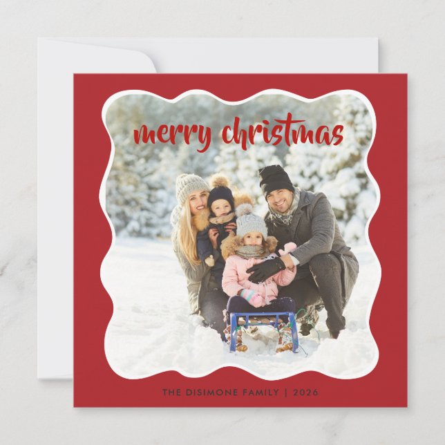 Modern Wavy Frame Photo Red Holiday Card (Front)