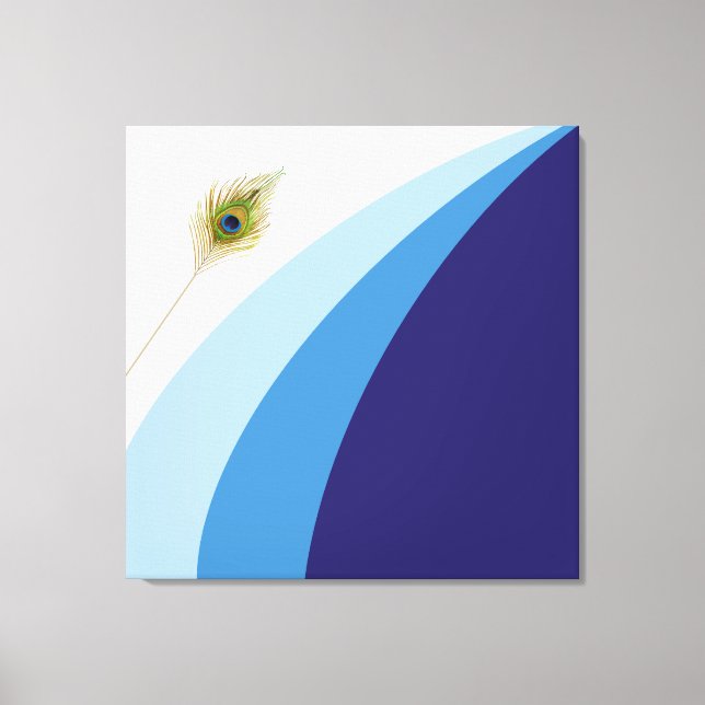 Modern Wavy Lines in Blue Shades & Peacock Feather Canvas Print (Front)