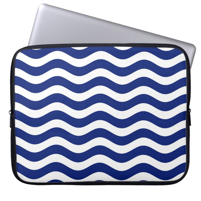 Modern Wavy Navy Blue Stripes Decor Laptop Sleeve (Front)