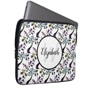 Modern Wavy Rainbow Floral Tree Pattern Monogram Laptop Sleeve