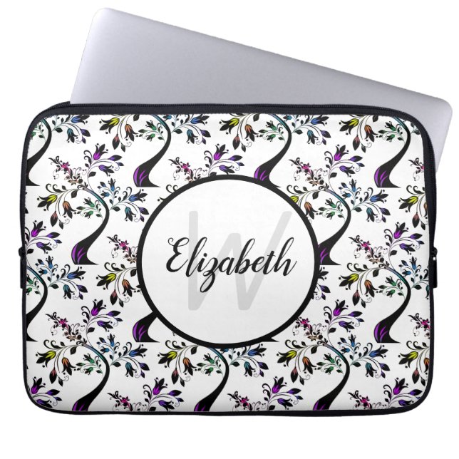 Modern Wavy Rainbow Floral Tree Pattern Monogram Laptop Sleeve (Front)