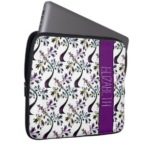 Modern Wavy Rainbow Floral Tree Pattern Name Laptop Sleeve