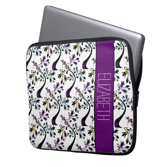 Modern Wavy Rainbow Floral Tree Pattern Name Laptop Sleeve (Front Left)