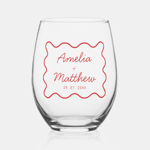 Modern Wavy Red Retro Squiggle Wedding Stemless Wine Glass