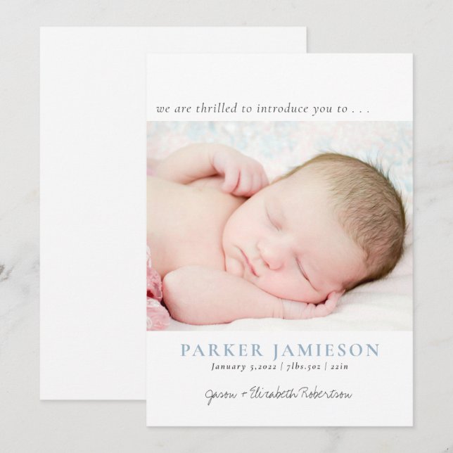 Modern We Are Thrilled  Baby Boy Photo Blue Birth  Announcement (Front/Back)