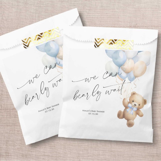 Modern We Can Bearly Wait Blue Boy Shower Favour Bags (Blue We Can Bearly Wait, baby Boy SHower Favor Bag.)