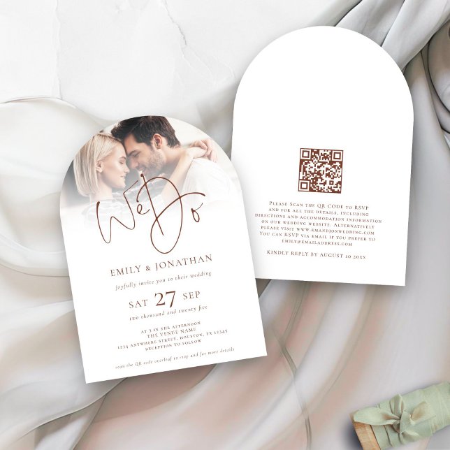 Modern We Do Brown Text QR Photo Wedding Arch Invitation (front and back view)