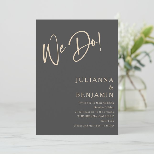 Modern We Do Elegant Charcoal Black Beige Wedding Invitation (Standing Front)