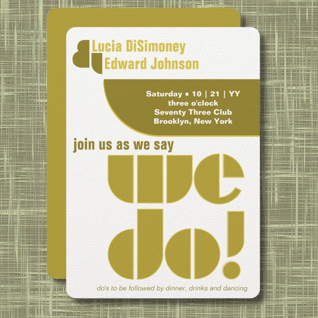 Modern We Do Geometric Typography Avocado Green Invitation (Modern geometric "we do!" wedding invitation in olive and avocado green on white.)