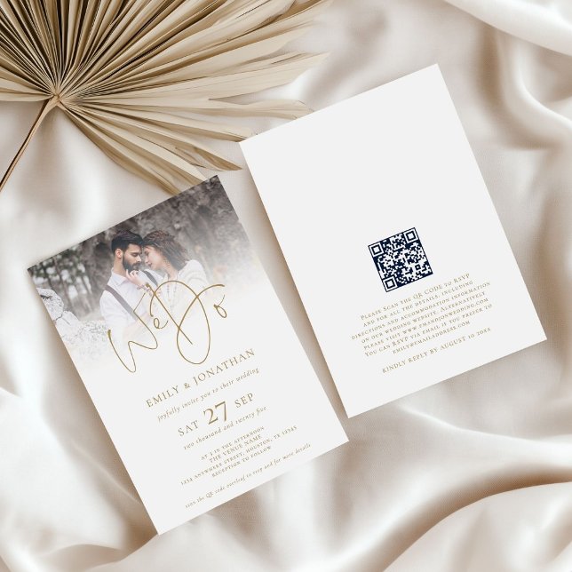 Modern We Do Gold Text QR Code Photo Wedding Invitation (front and back view)