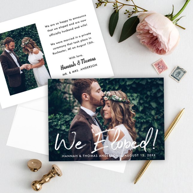 Modern We Eloped White Script Wedding Photo Announcement (Creator Uploaded)