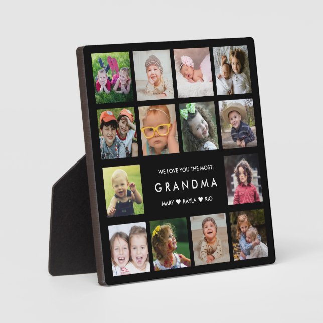 Modern We Love You Grandma 14 Photo Collage Black Plaque (Front)