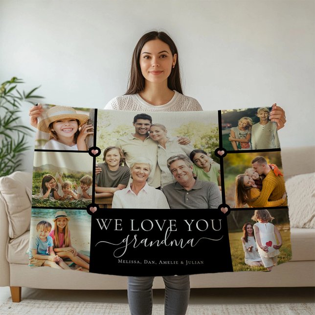 Modern We Love You Grandma Family Photo Collage Fleece Blanket (Creator Uploaded)