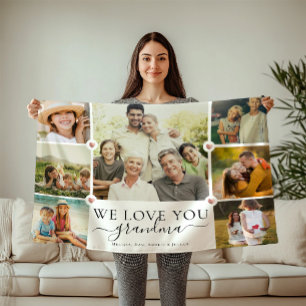 Modern We Love You Grandma Family Photo Collage Fleece Blanket