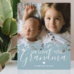 Modern We Love You Grandma Photo Plaque<br><div class="desc">Personalised grandmother photo plaque featuring a precious family photo,  a modern dusty blue heart border design,  the saying "we love you grandma",  and the childrens names.</div>