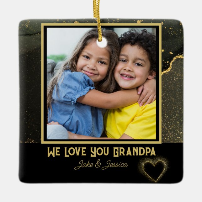 Modern We Love you Grandpa black and gold Photo Ceramic Ornament (Front)