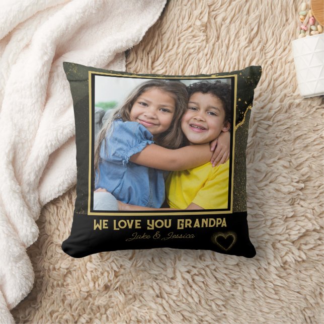 Modern We Love you Grandpa black and gold Photo Cushion (Blanket)