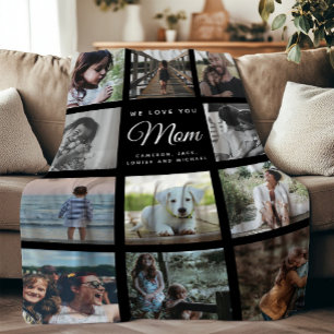 Modern WE LOVE YOU MOM Family Photo Collage Black Fleece Blanket