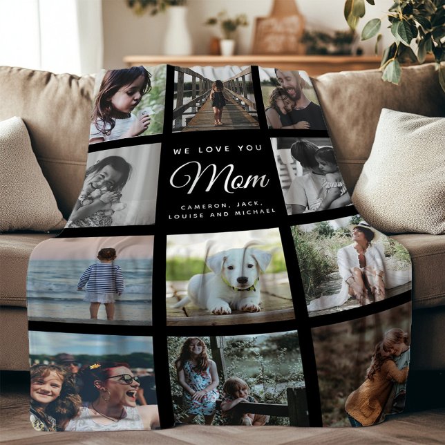 Modern WE LOVE YOU MOM Family Photo Collage Black Fleece Blanket (Creator Uploaded)