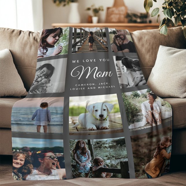 Modern WE LOVE YOU MOM Family Photo Grey Chic Fleece Blanket (Creator Uploaded)