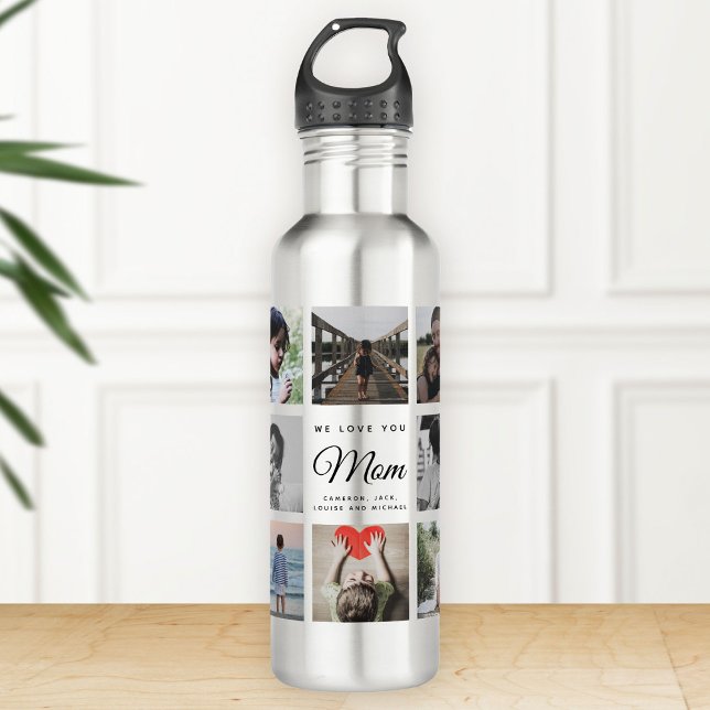 Modern WE LOVE YOU MOM Photo Collage Cool 710 Ml Water Bottle (Silver water bottle on a wooden surface featuring family photos and the text "We love you Mom" )