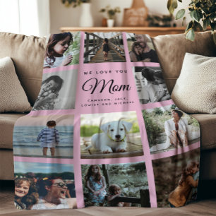 Modern WE LOVE YOU MOM Photo Collage Pink Family Fleece Blanket