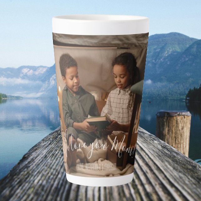 Modern We Love You Mum Photo Latte Mug (Modern We Love You Mom Photo Personalized Latte Mug)