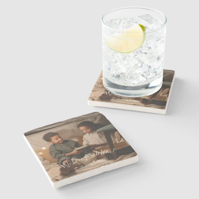 Modern We Love You Mum Photo Stone Coaster (Side)