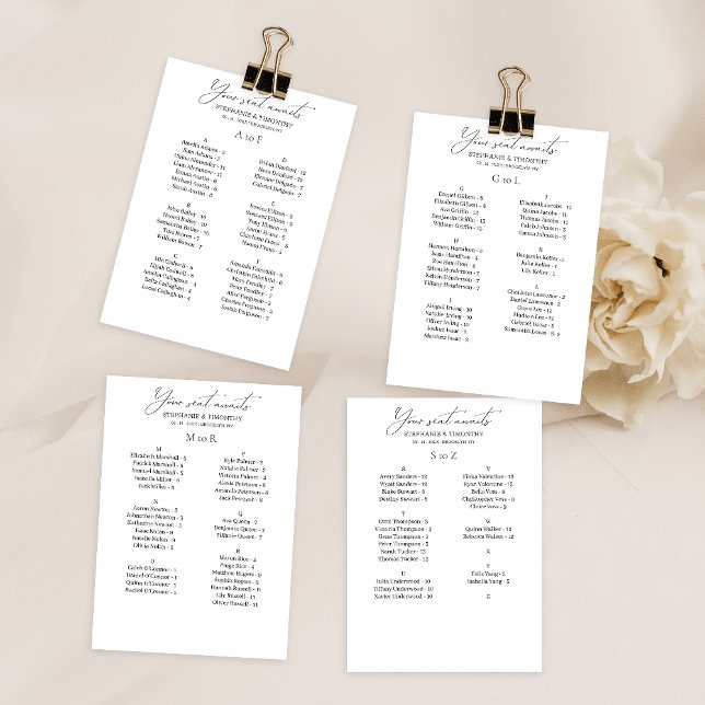 Modern Wedding Alphabetical Seating Chart Card (Convenient and organized wedding seating chart with alphabetical name arrangement.)