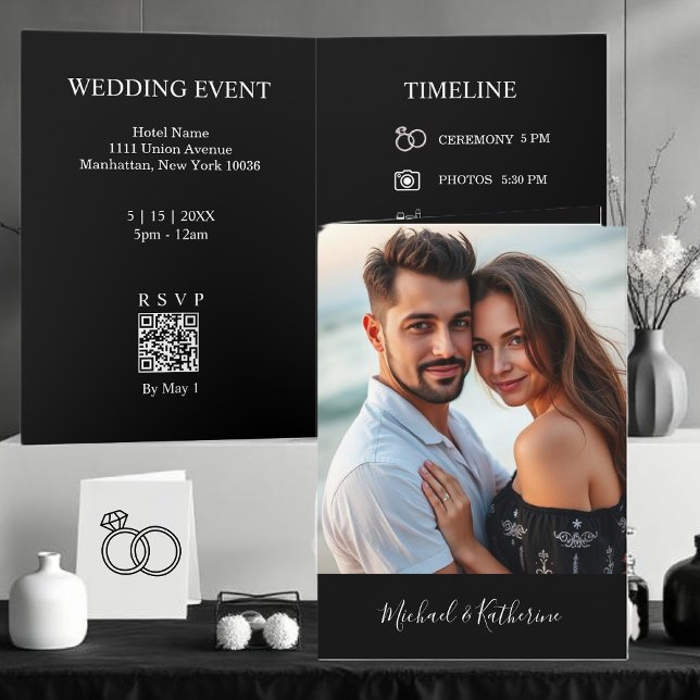 Modern Wedding Black & White All in One  Invitation (Modern Black & White All in One Wedding Invitation)