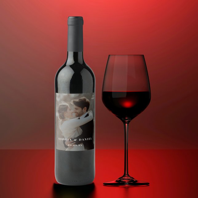 Modern Wedding Black & White Overlay Photo  Wine Label (Creator Uploaded)