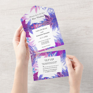 Modern Wedding Blue Pink Floral Watercolor All In One Invitation