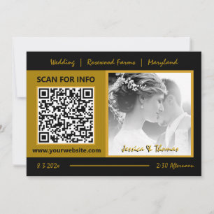 Modern Wedding Card, QR Code, Photo, Black / Gold Invitation