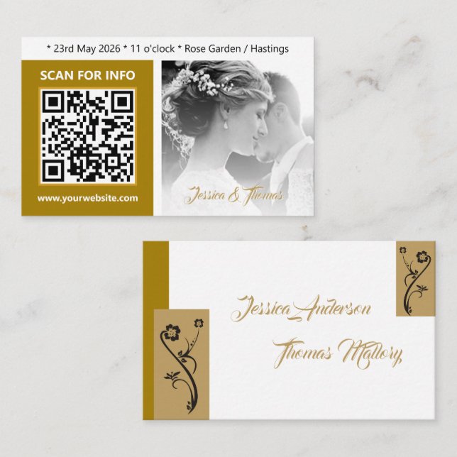 Modern Wedding Cards, QR Code, Photo, Gold Business Card (Front/Back)