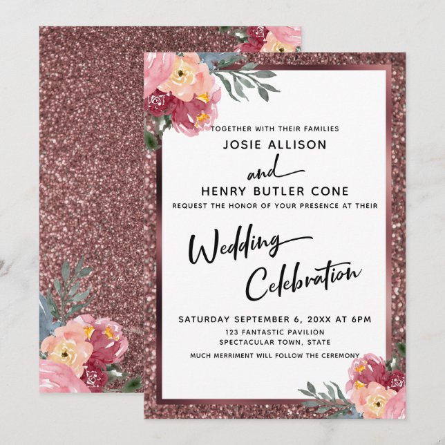 Modern Wedding Celebration Rose Gold Floral Invitation (Front/Back)