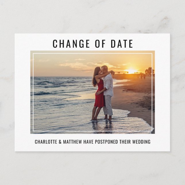 Modern Wedding CHANGE OF DATE PLANS w/ PHOTO Announcement Postcard (Front)