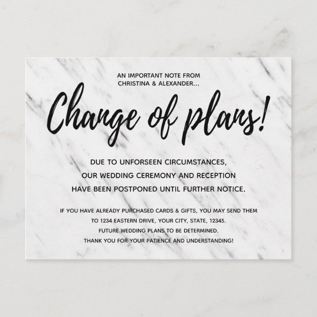 Modern Wedding Change of Plans Postponed Canceled Postcard (Front)