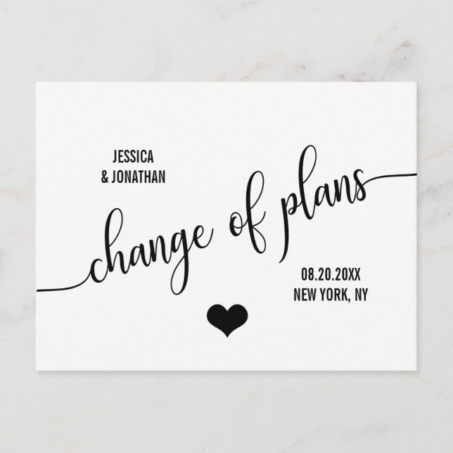 Modern Wedding CHANGE THE DATE PLANS POSTPONE Announcement Postcard (Front)