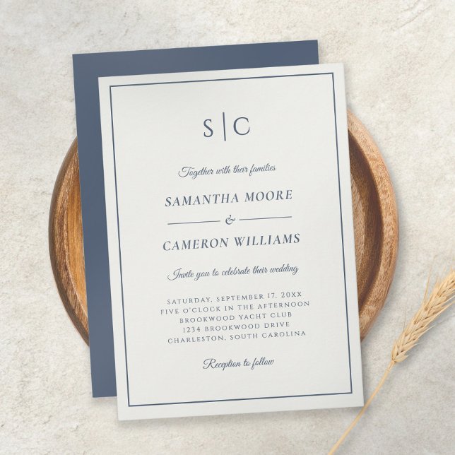 Modern Wedding Classic Monogram Cream & Navy Blue Invitation (Modern Wedding Classic Monogram Cream & Navy Blue Invitation)