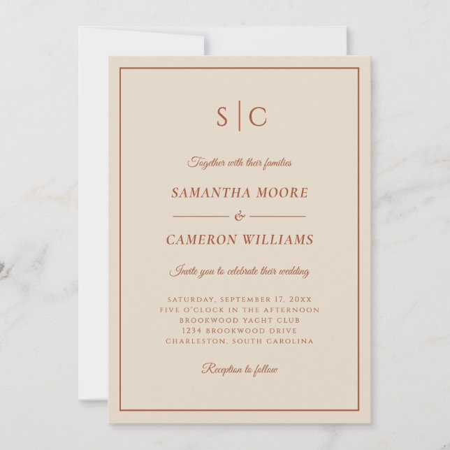 Modern Wedding Classic Monogram Terracotta  Invitation (Front)