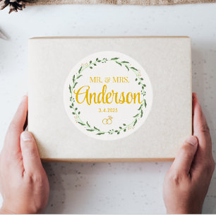 Modern Wedding Couple Custom Name Golden Ring Classic Round Sticker