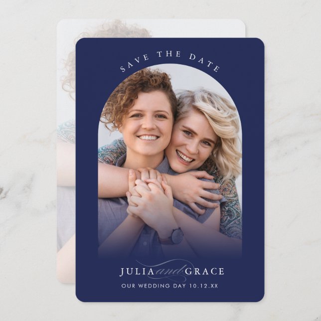 MODERN WEDDING couple photo arch calligraphy navy Invitation (Front/Back)