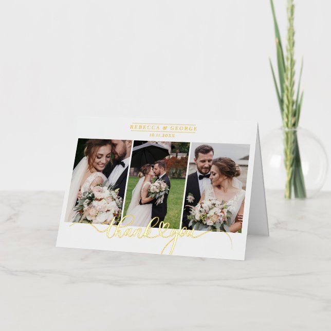 Modern Wedding Couple Photo Collage Thank You Gold Foil Greeting Card (Front)
