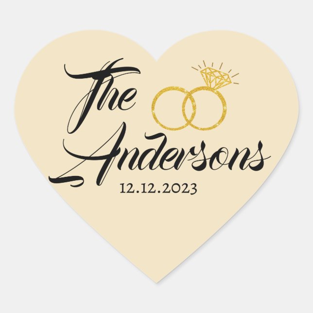Modern Wedding  Couple Ring Favour Name Date Golde Heart Sticker (Front)