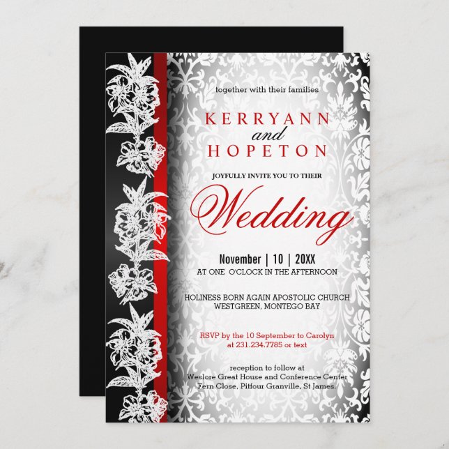 Modern Wedding Damask in White, Black and Red Invi Invitation (Front/Back)
