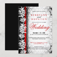 Modern Wedding Damask in White, Black and Red Invi