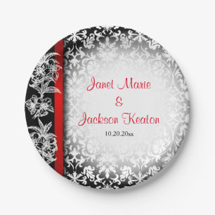 Modern Wedding Damask in White, Black and Red Paper Plate