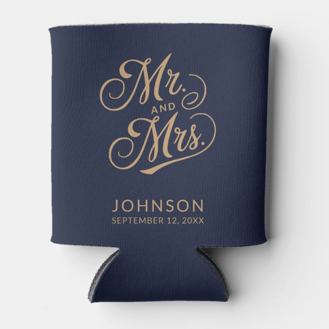 Modern Wedding Date Navy Blue Mr & Mrs Party Favou Can Cooler (Front)